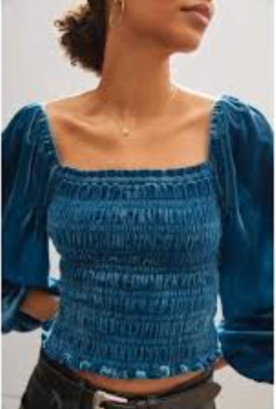 ANTHROPOLOGIE Blue Smocked Bodice Velvet Puff Sleeve Blouse // S